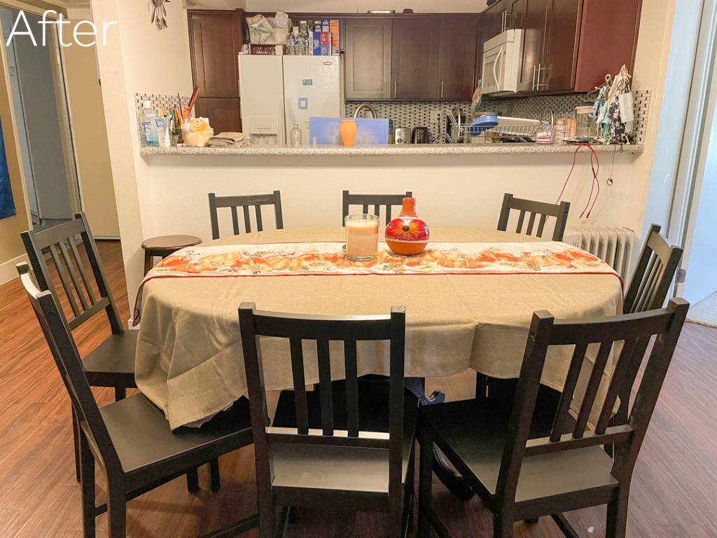 Kitchen table after. With a brand new tablecloth, new chairs, and a much larger table, this family is ready for Thanksgiving!